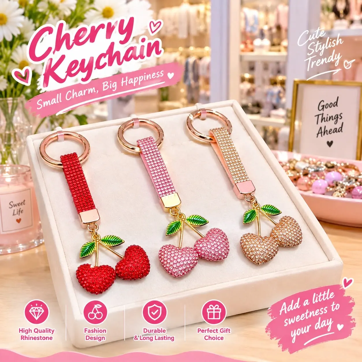 Rhinestone cherry keychain charms in multiple colours