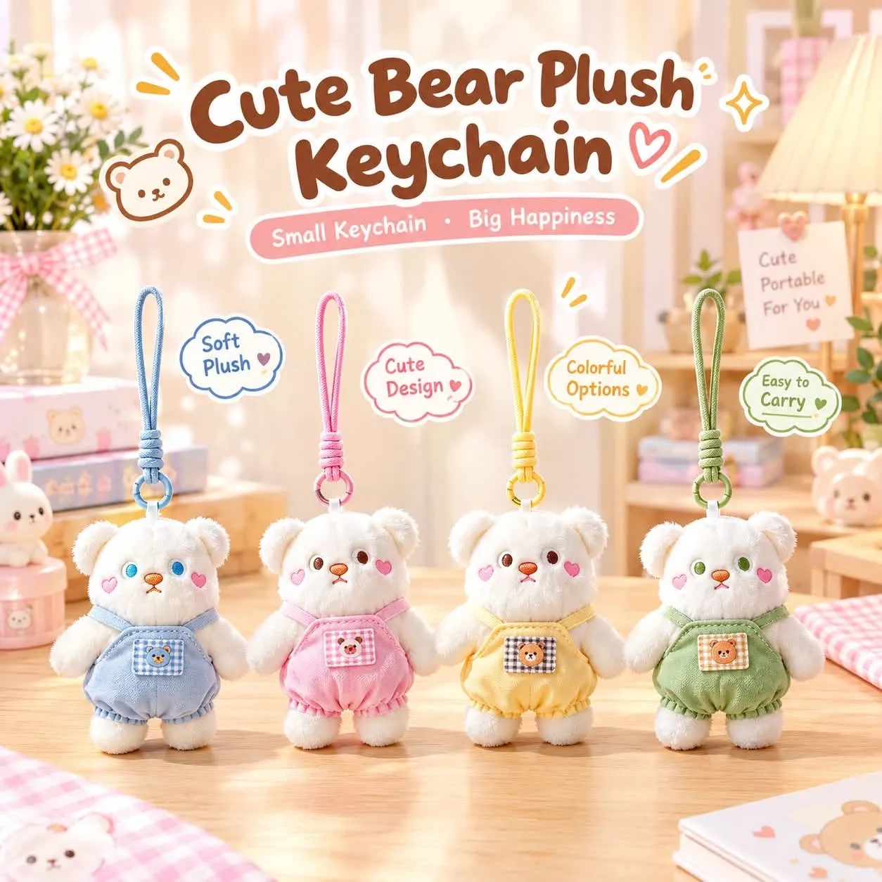 Soft plush bear keychains with blue, pink, yellow and green overalls and matching woven lanyards