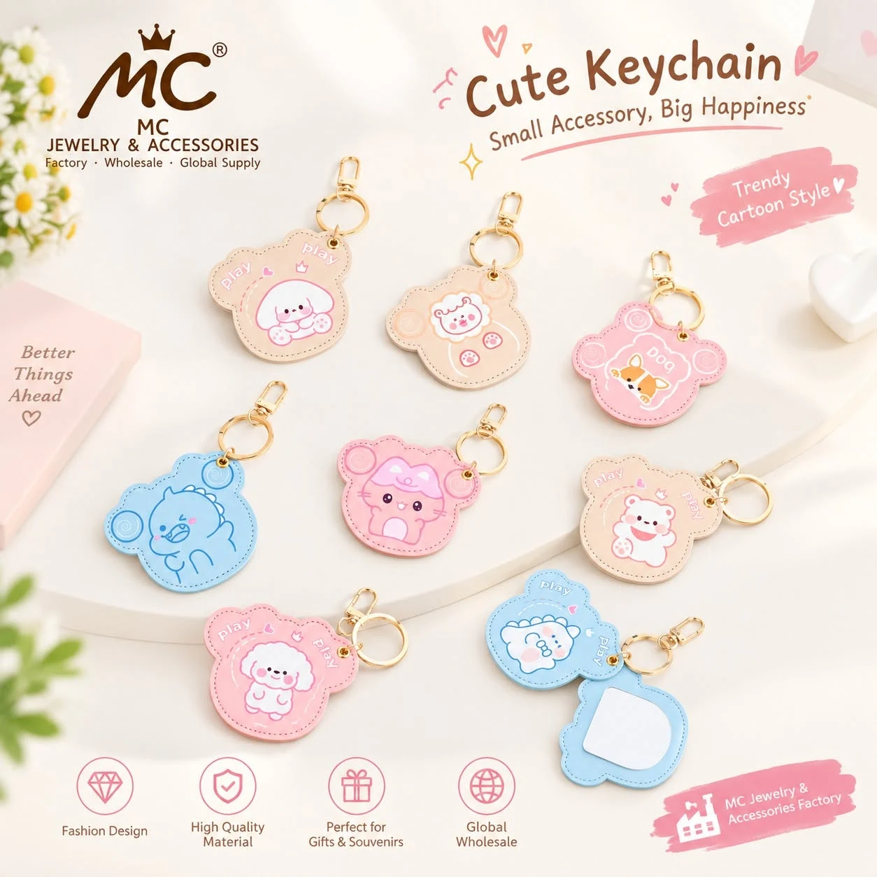 Cartoon animal PU leather mirror keychains in pastel colors