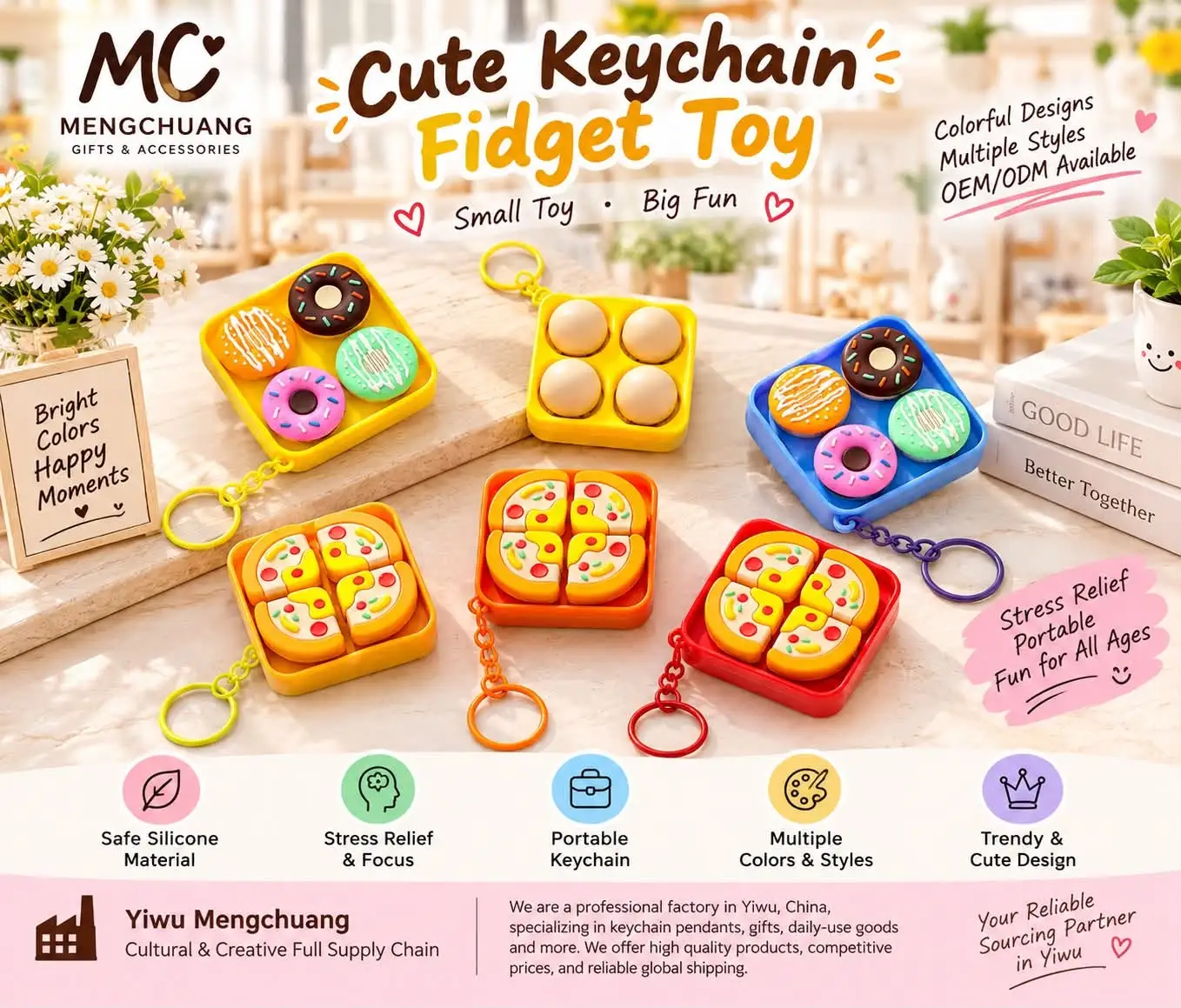 Pizza and donut silicone press fidget keychains in bright colors