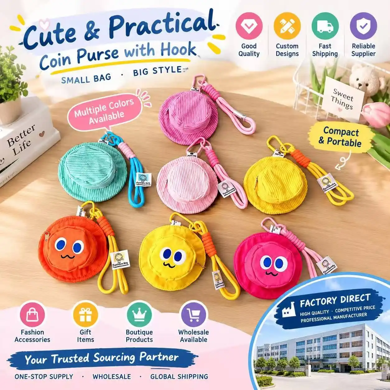 Colorful hat-shaped corduroy coin purse keychains with cartoon faces and wrist straps