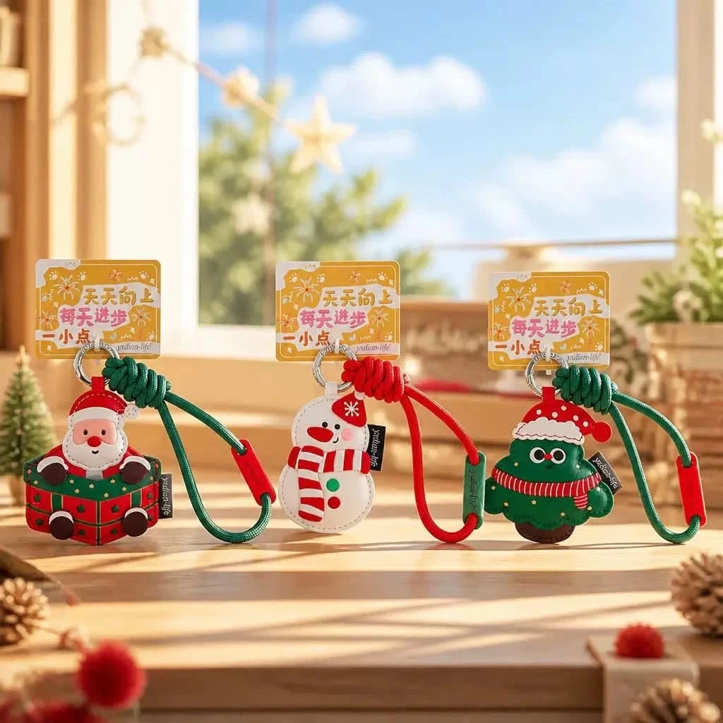 PU leather Santa, snowman and Christmas tree keychains with woven wrist straps