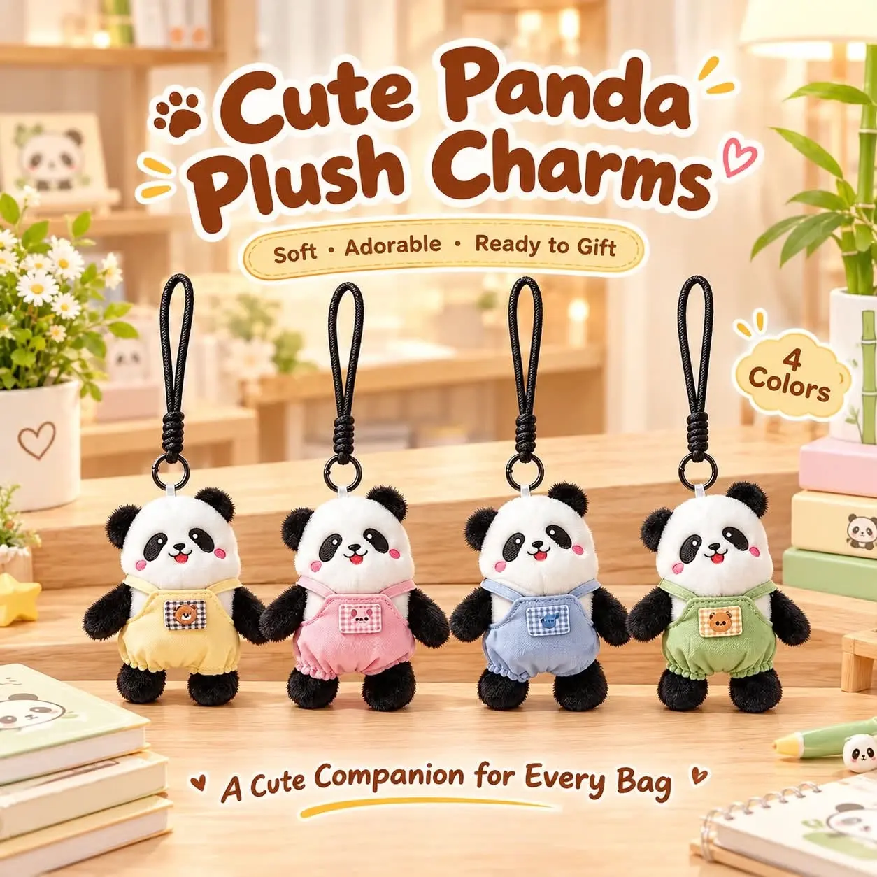 Plush panda keychain charms wearing yellow, pink, blue and green overalls