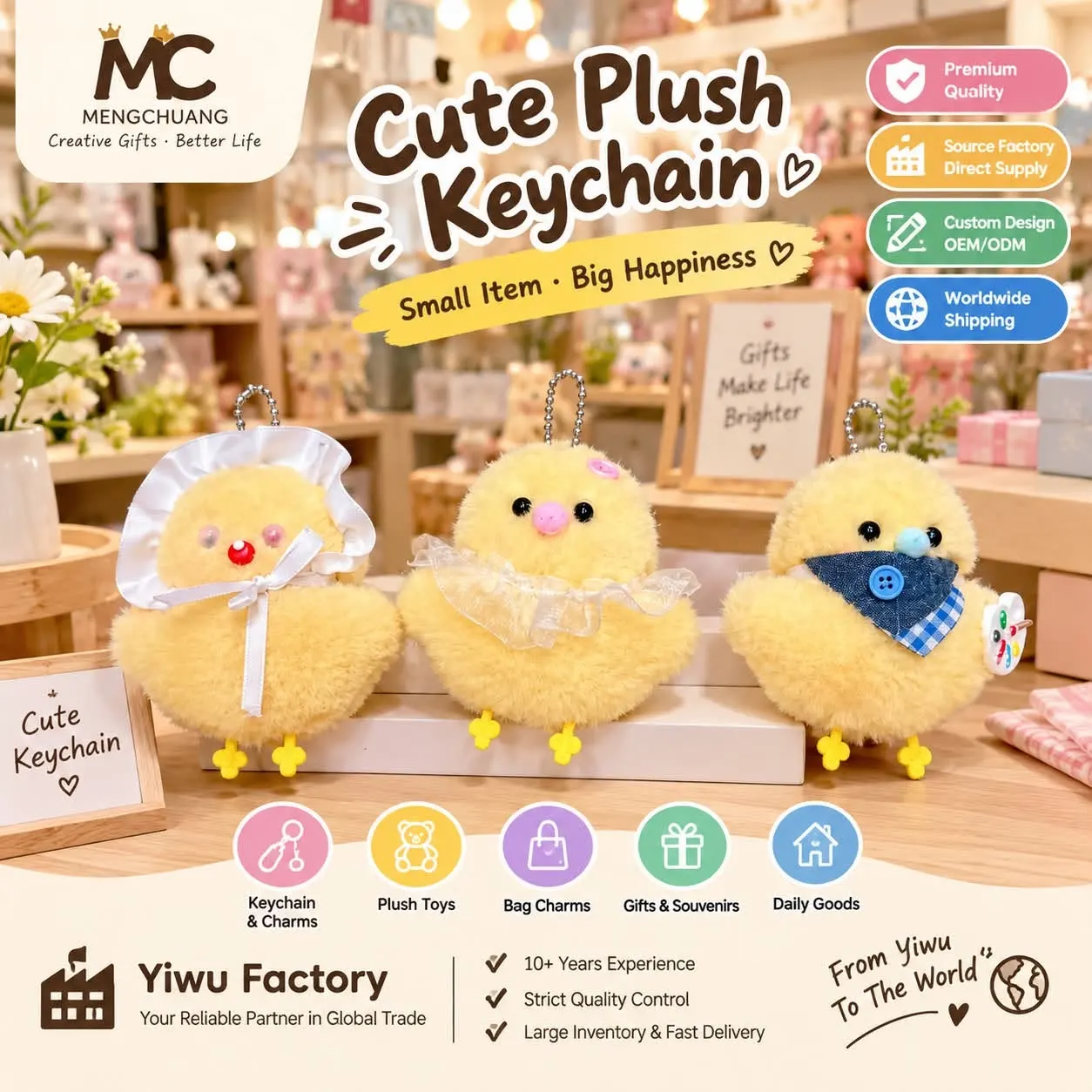 Yellow fluffy plush keychains in three accessory styles