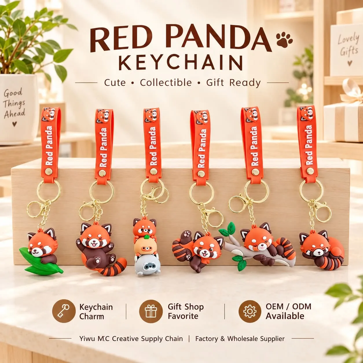 Cute PVC cartoon animal keychain charms with red wrist straps