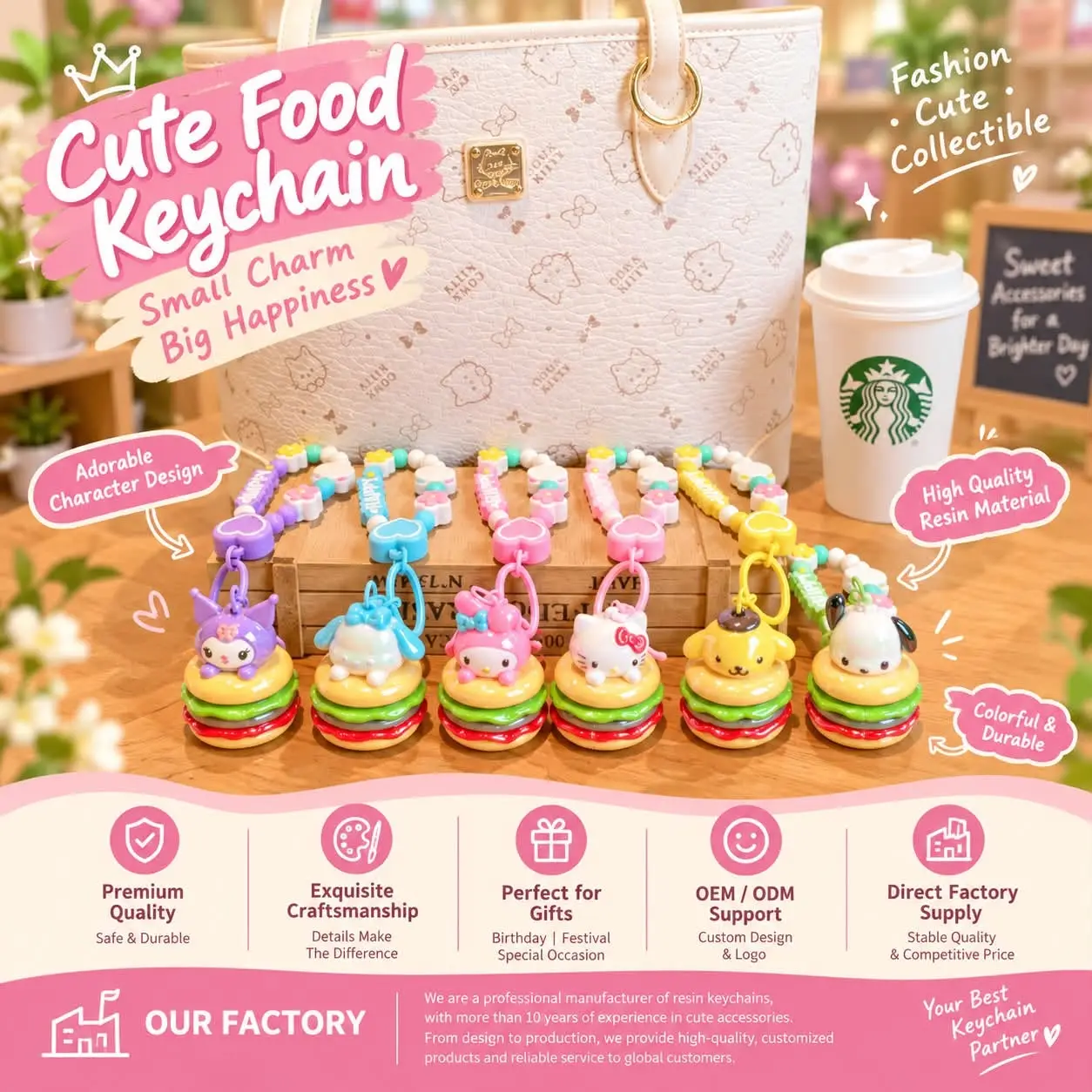 Colorful Sanrio character burger rotating resin keychains