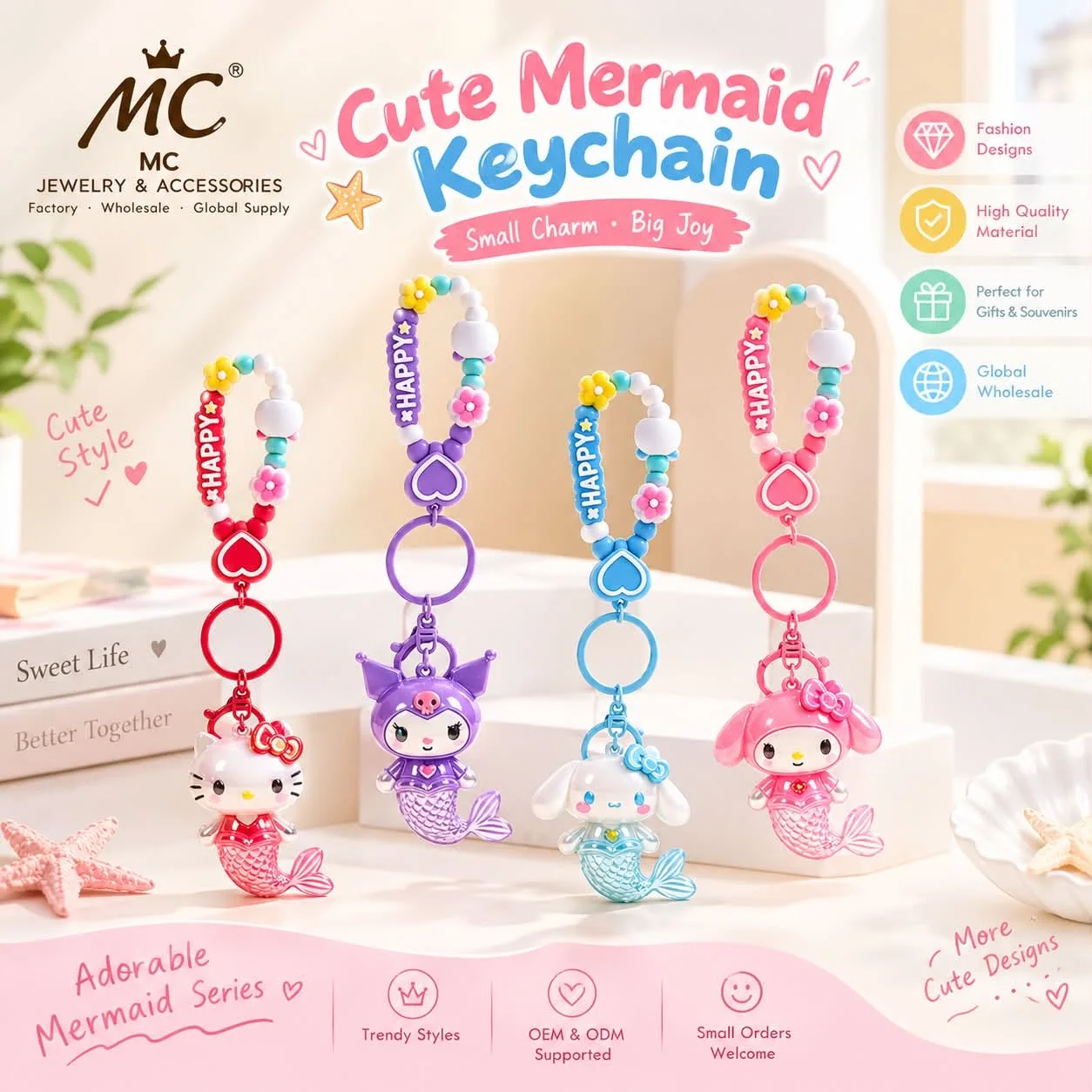Sanrio mermaid PVC keychains with colorful beaded straps