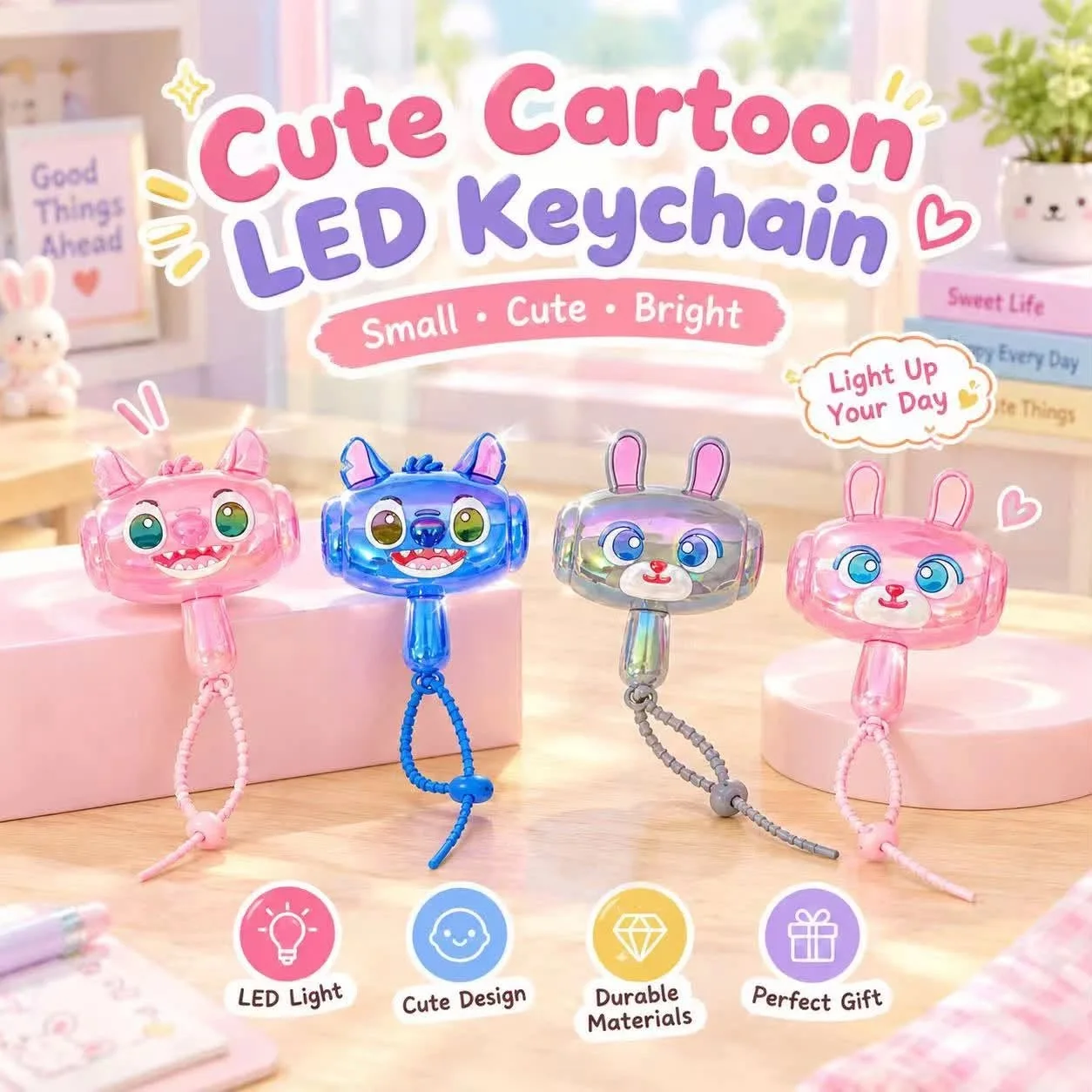 Colorful cartoon shake-and-sound keychains with flexible cords