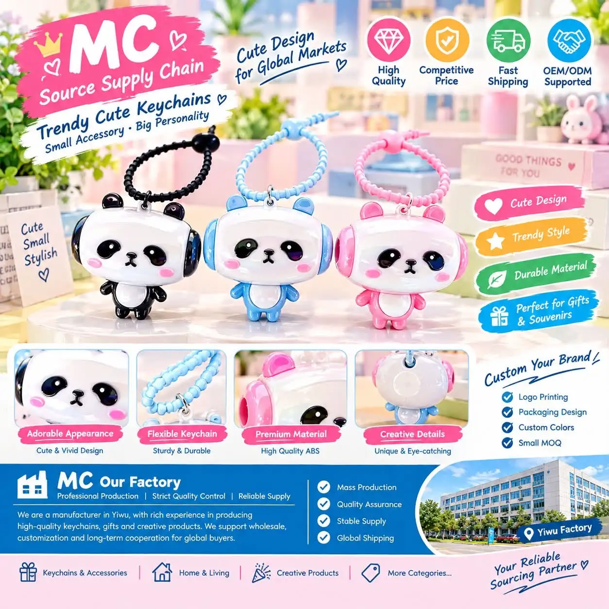 Black, blue and pink squeaky ABS panda keychains with stretchable cords