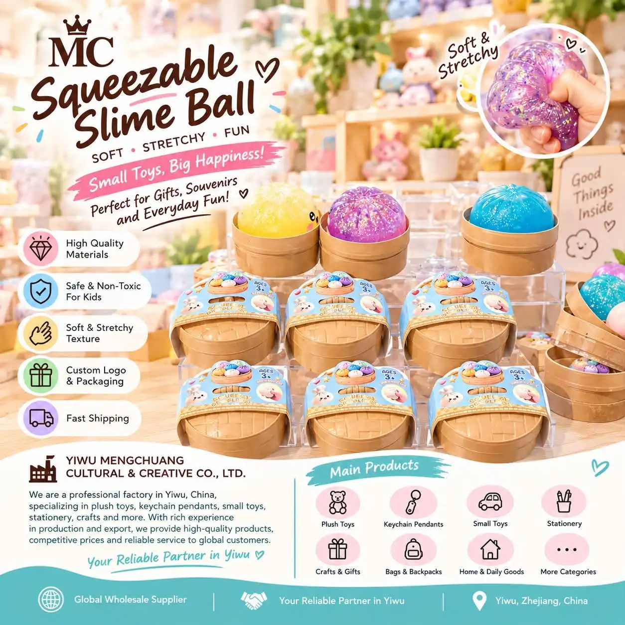 Glitter-filled squeezable slime bun toys in assorted bright colors