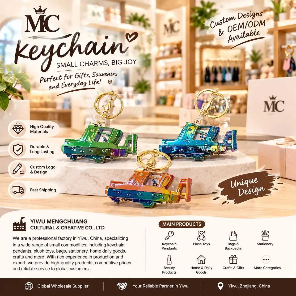 Electroplated pistol-shaped metal keychains with rainbow gradient finish