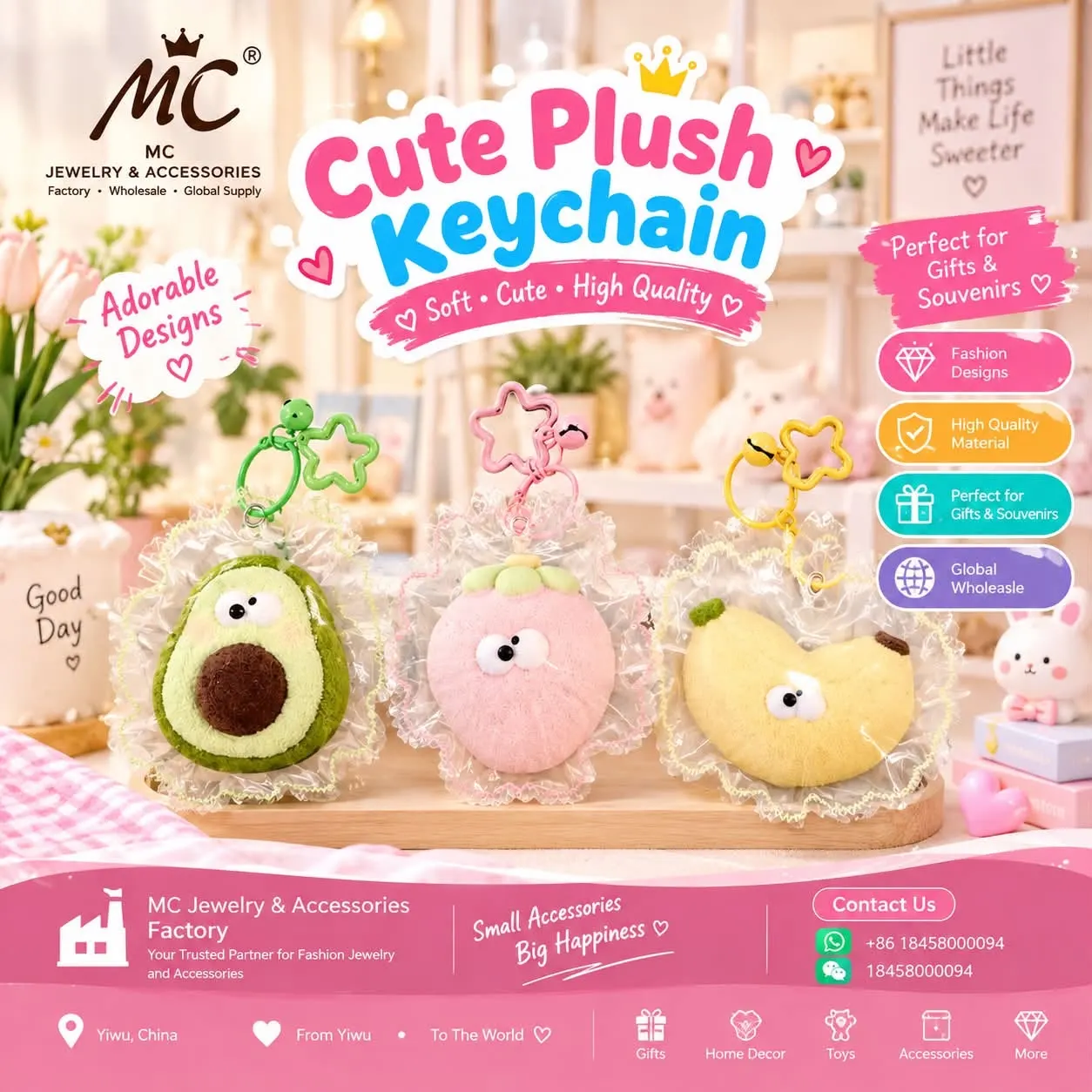 Avocado, peach and banana plush squeeze keychains with lace packaging