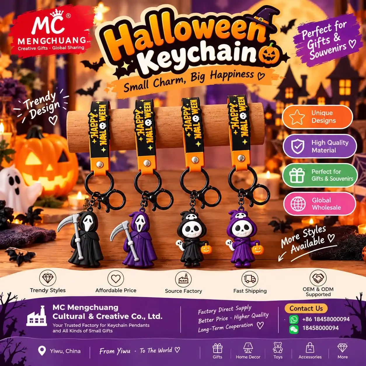 Halloween grim reaper and skeleton PVC keychain charms with durable straps
