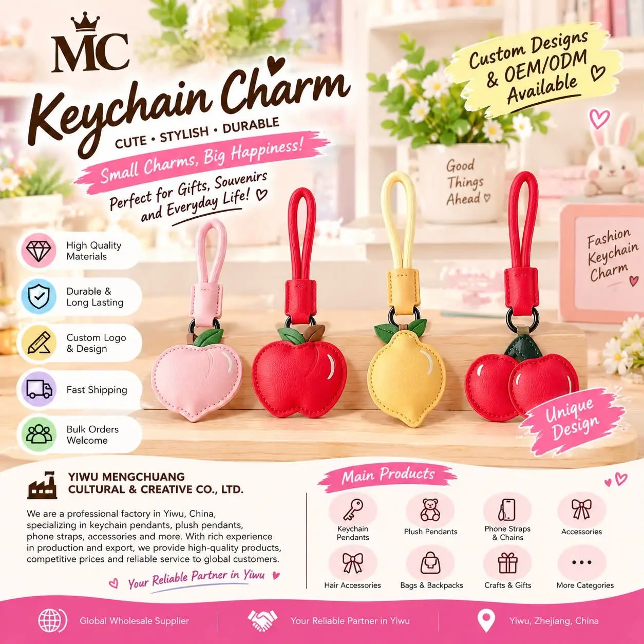 Colorful PU leather fruit keychain charms with matching hand straps