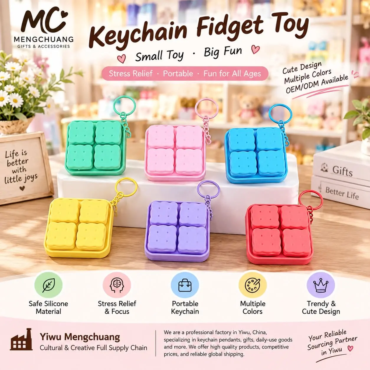 Square silicone pop fidget keychains in multiple bright colors