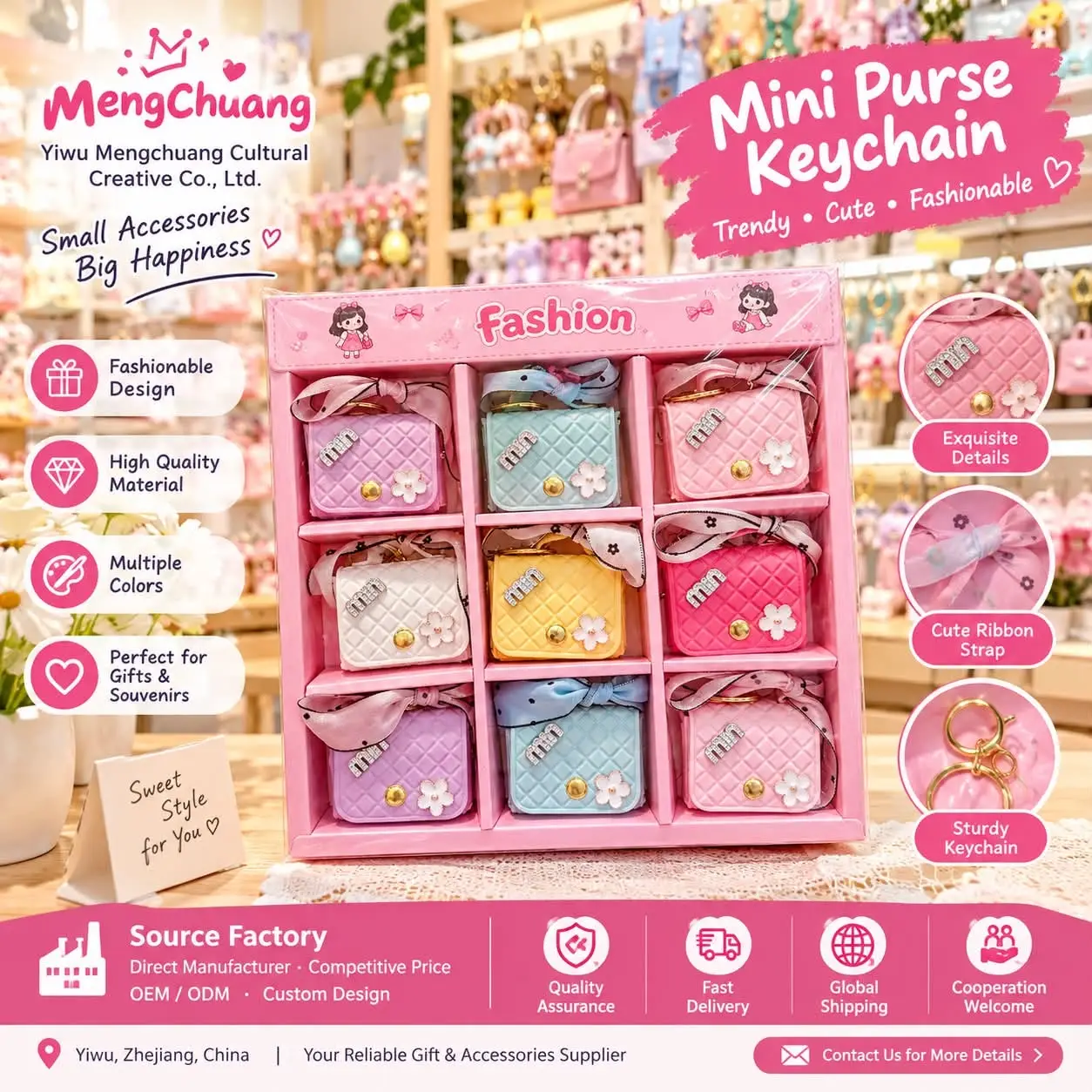 Nine pastel mini purse keychains in a gift box