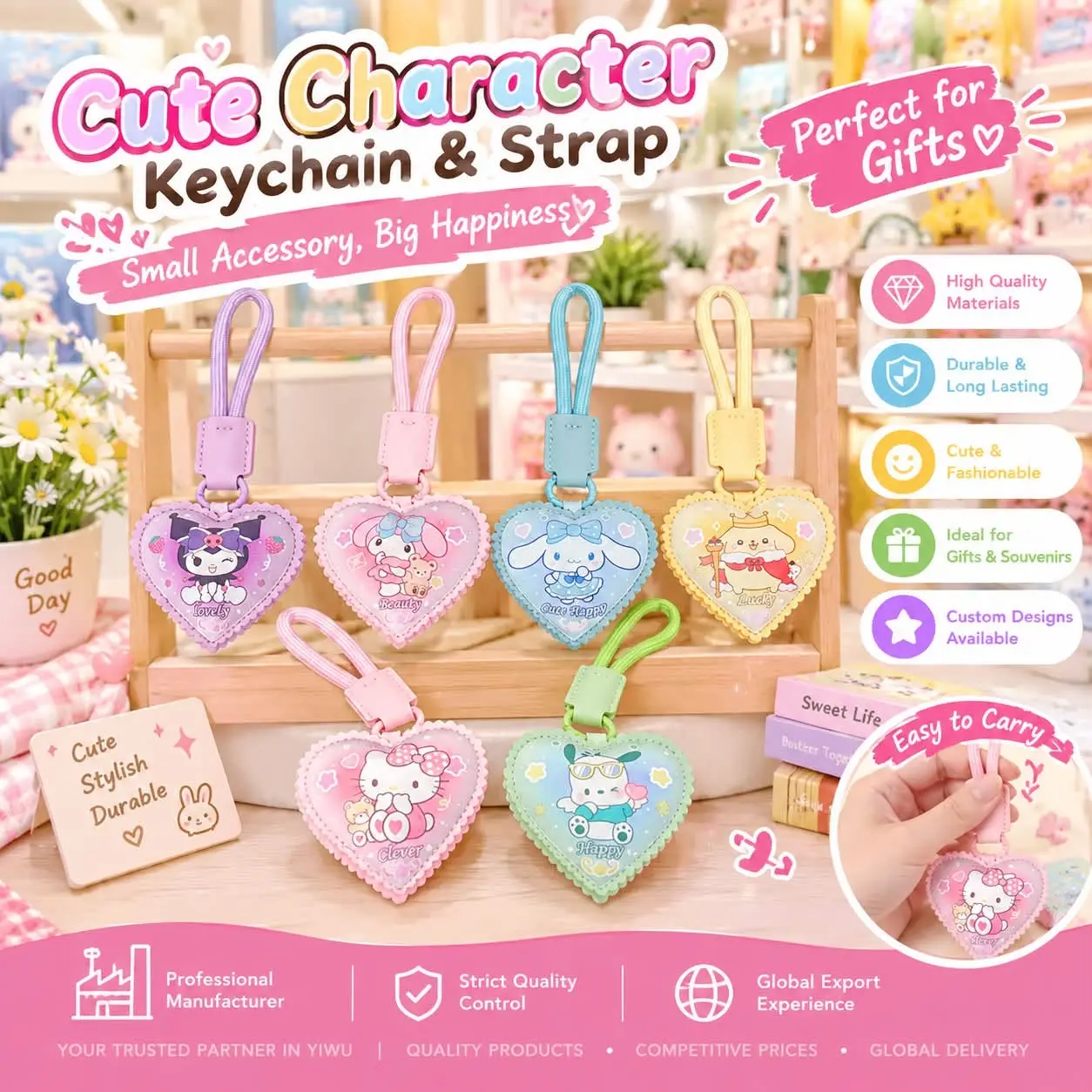 Pastel PU leather Sanrio character heart keychains with matching hand straps