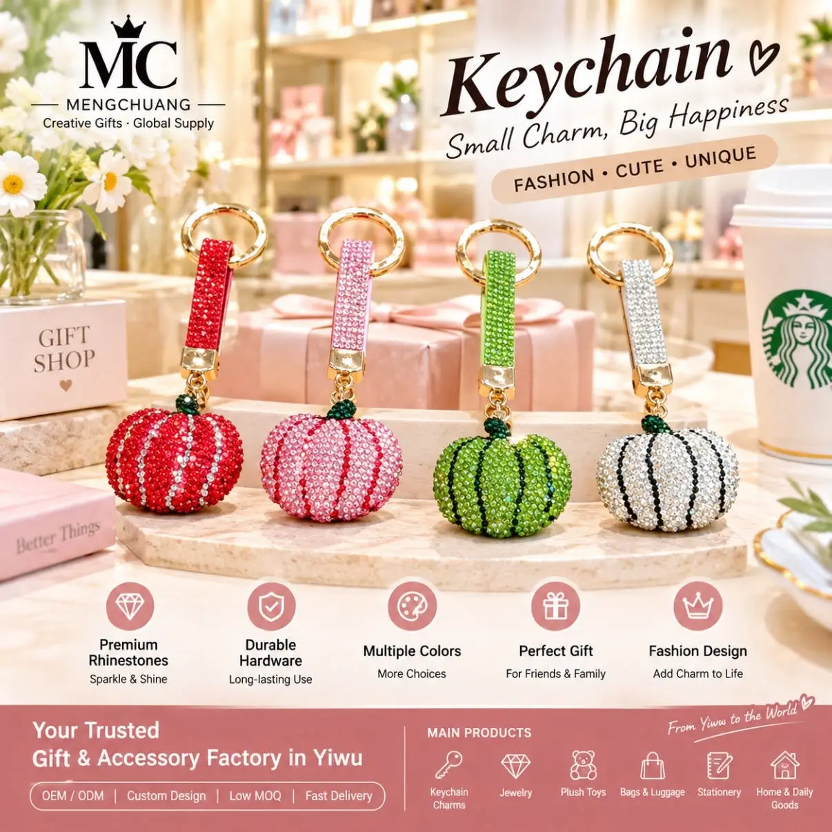 Rhinestone sweet pepper keychains in multiple bright colors