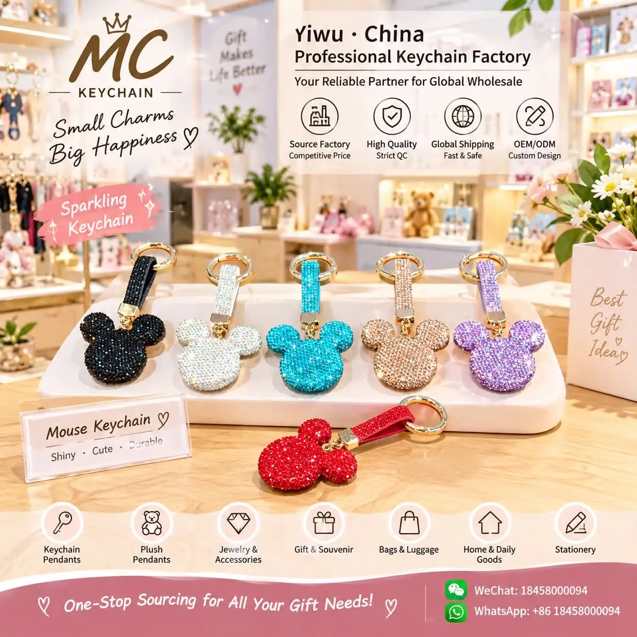 Rhinestone clay Mickey head keychains in multiple colors