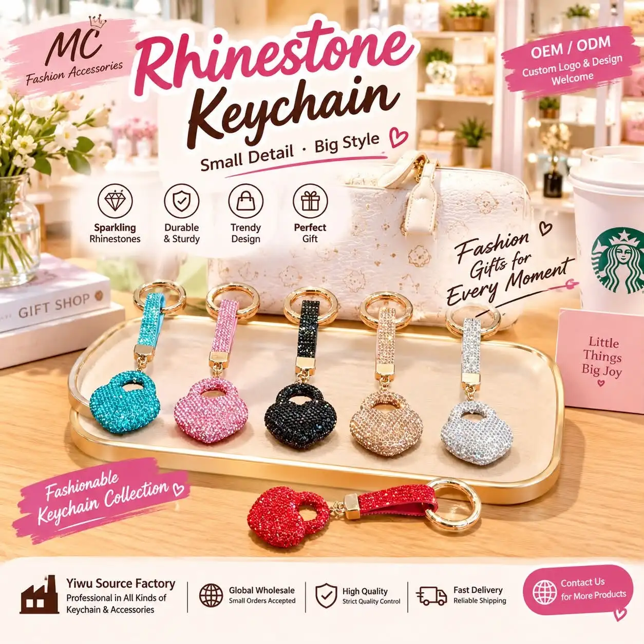 Rhinestone heart mini handbag keychains in multiple colors