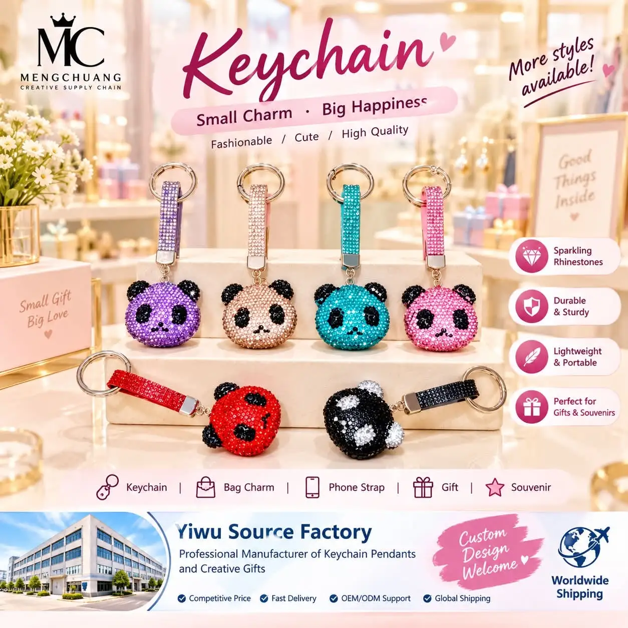 Sparkling rhinestone panda keychains in multiple bright colors