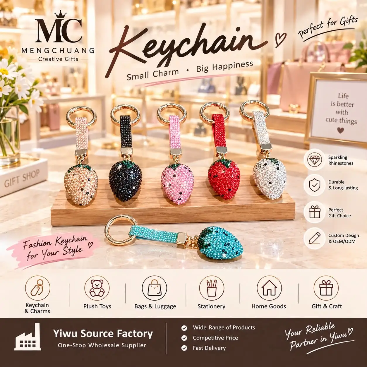 Rhinestone strawberry keychain charms in multiple colors with metal key rings